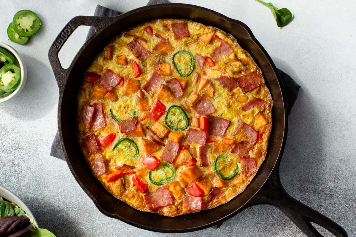 Sweet Potato Frittata with Turkey Bacon Crumb Top Baking