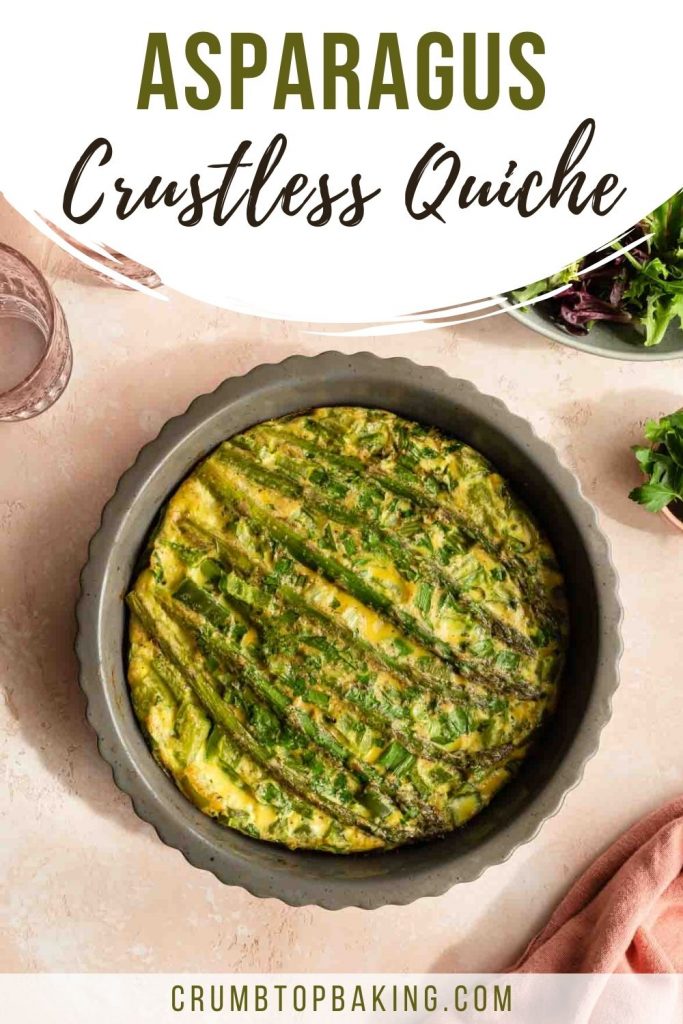 Pinterest image for an asparagus quiche in a grey pie dish on a pink surface.