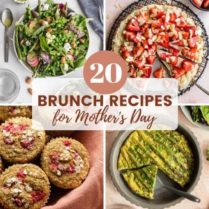 Mother's Day brunch recipes represented by a collage of 4 images of brunch dishes.