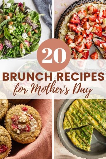 Mother's Day brunch recipes represented by a collage of 4 images of brunch dishes.