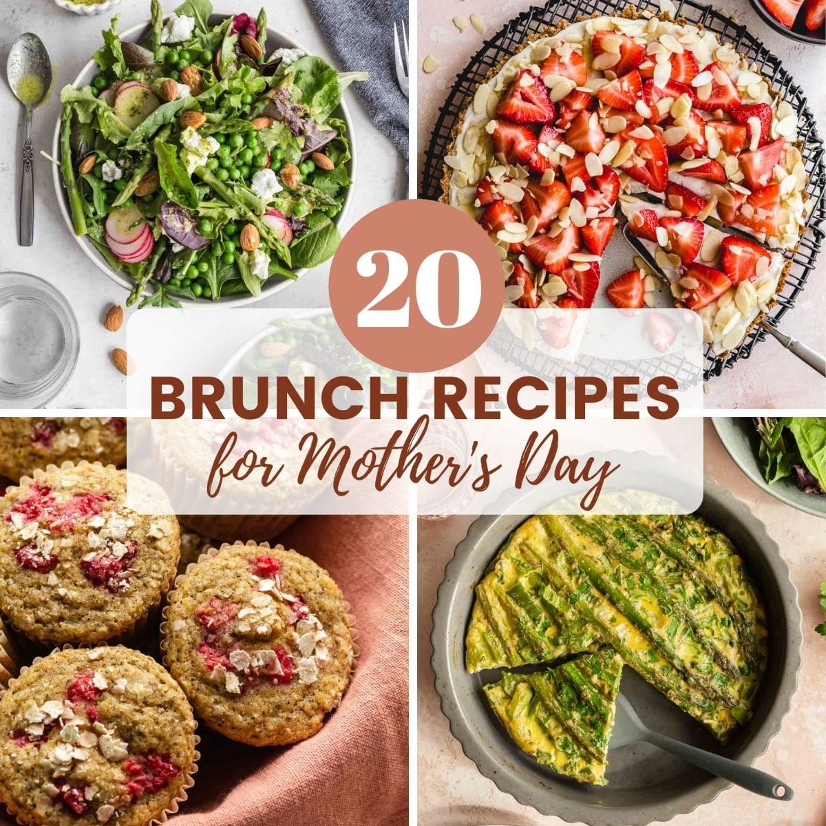 Mother's Day brunch recipes represented by a collage of 4 images of brunch dishes.