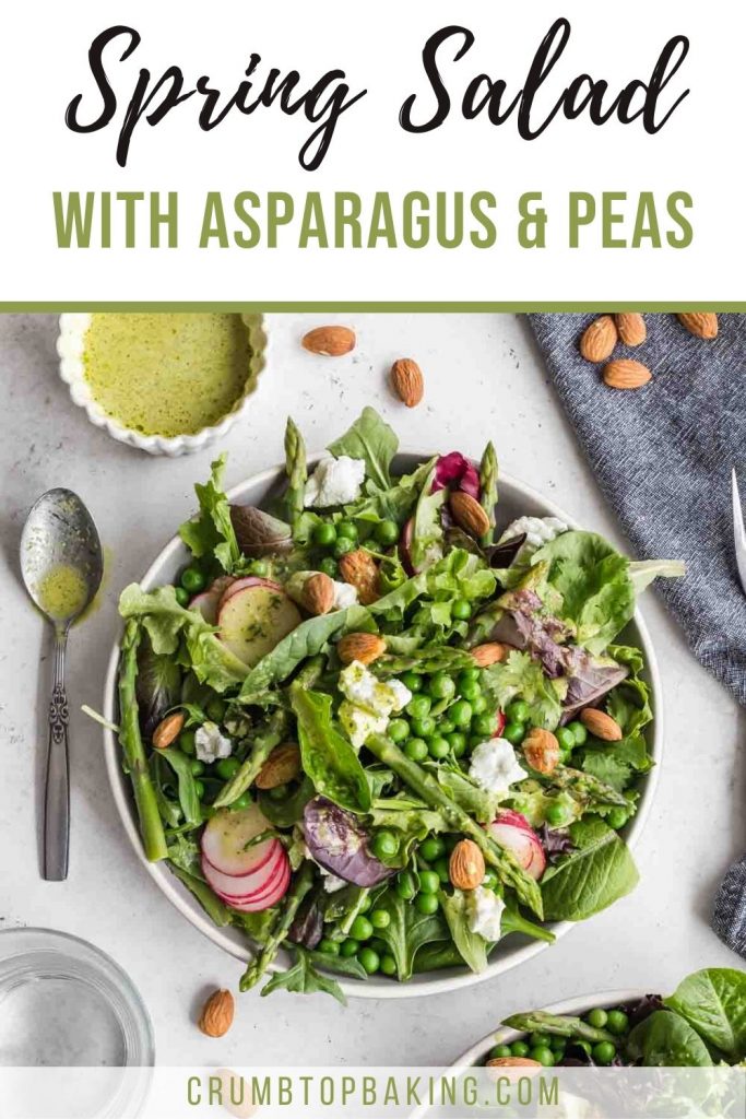 Pinterest image of a spring salad with asparagus and peas.