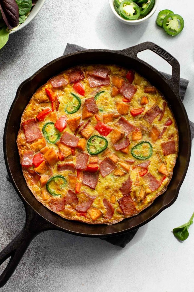 Sweet Potato Frittata with Turkey Bacon Crumb Top Baking