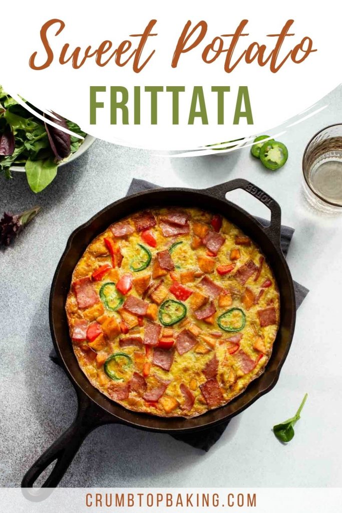 Pinterest image of a frittata with sweet potato and turkey bacon in a cast iron skillet.