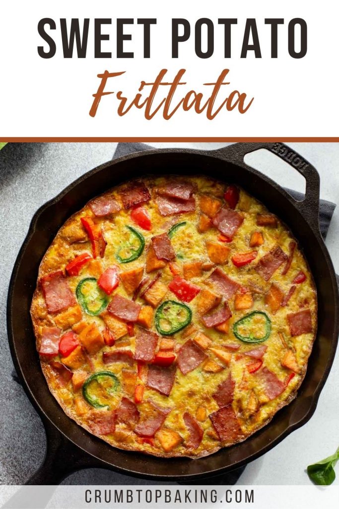 Pinterest image with a close up view of a sweet potato frittata in a cast iron skillet.