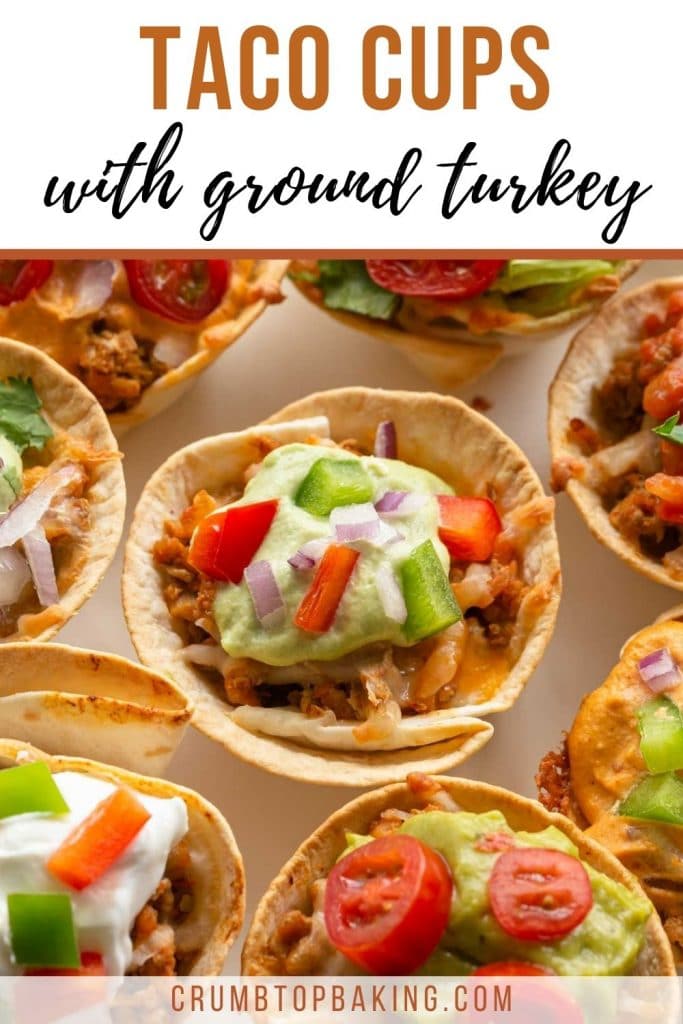 Pinterest image of taco cups with ground turkey.