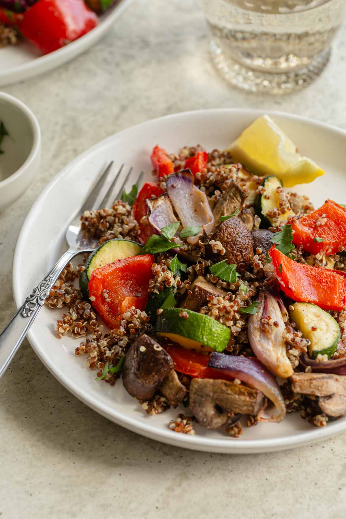 Roasted vegetables mixed with quinoa on a white plate with a fork.