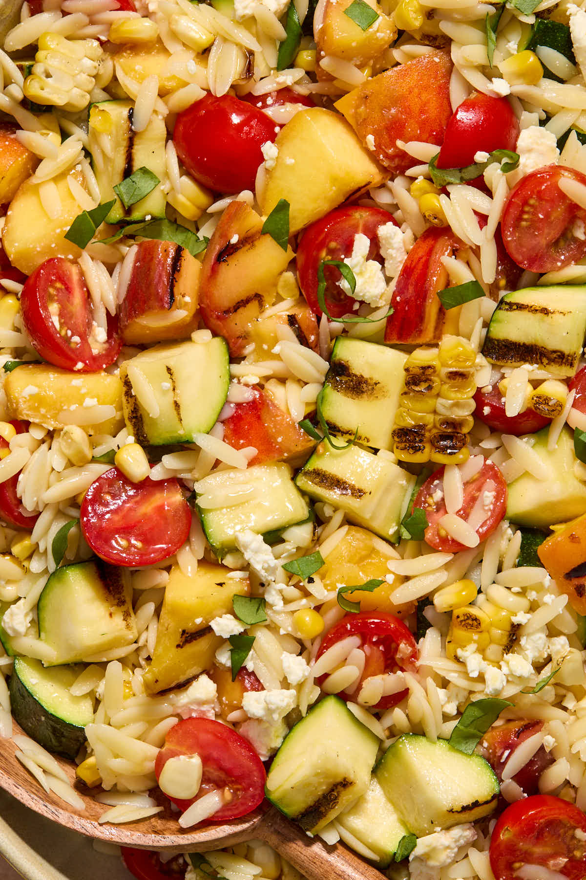 Close up of the grilled summer vegetables in the orzo salad.