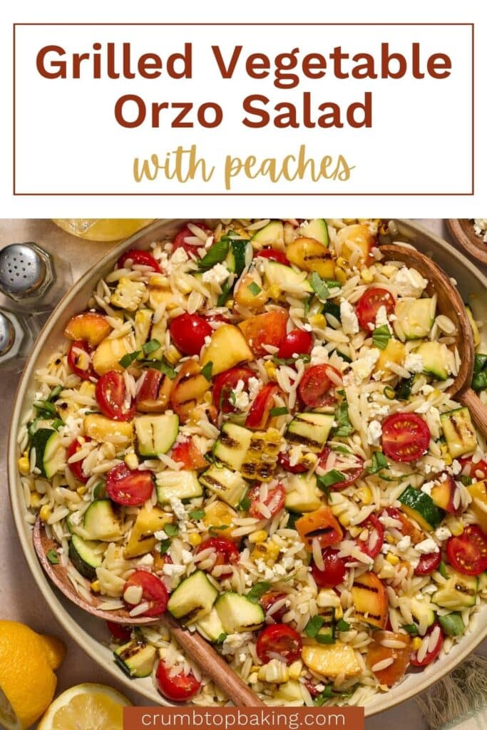 Pinterest image for grilled vegetable orzo salad.