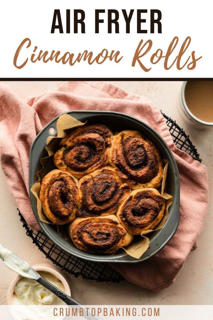 Pinterest image for air fryer cinnamon rolls.