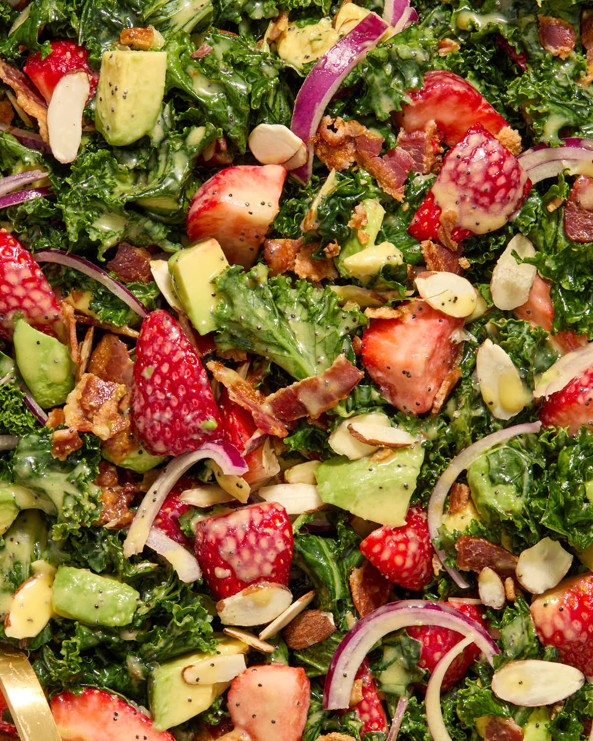 Close up of the assembled salad with dressing on top.