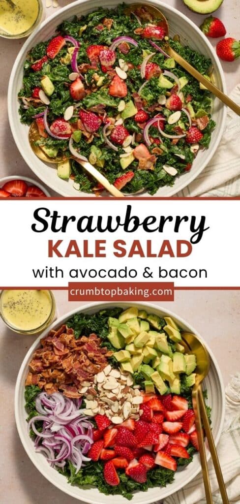 Pinterest image for strawberry kale salad - long pin with 2 images.