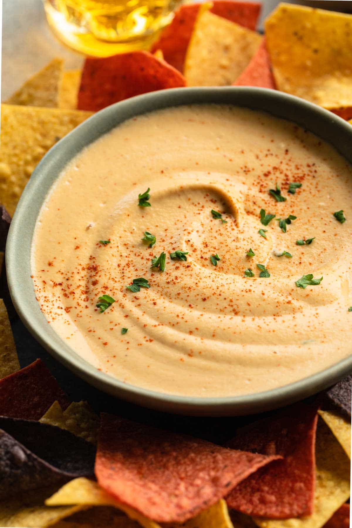 Close up of cashew chipotle dip in a bowl.