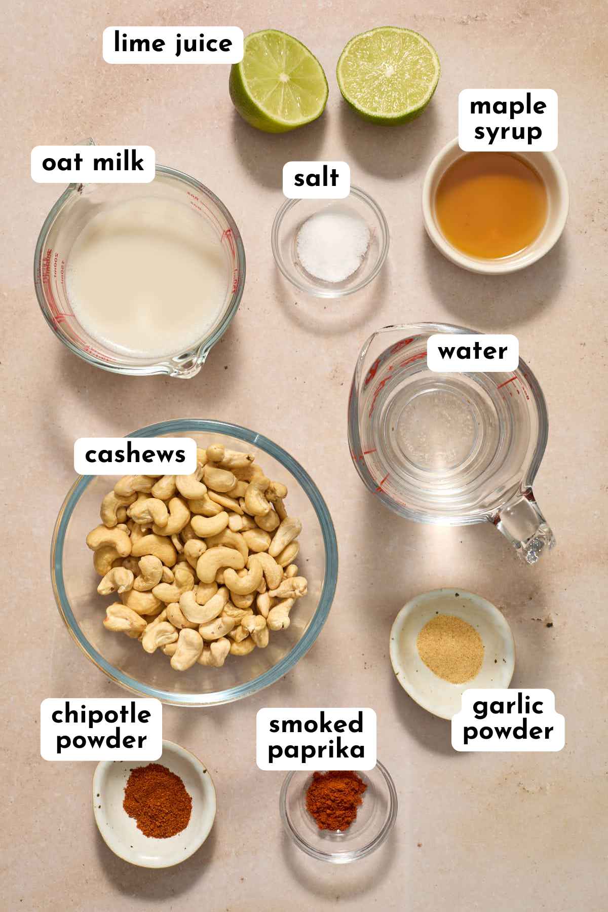 Ingredients to make dairy-free chipotle sauce arranged individually and labeled.