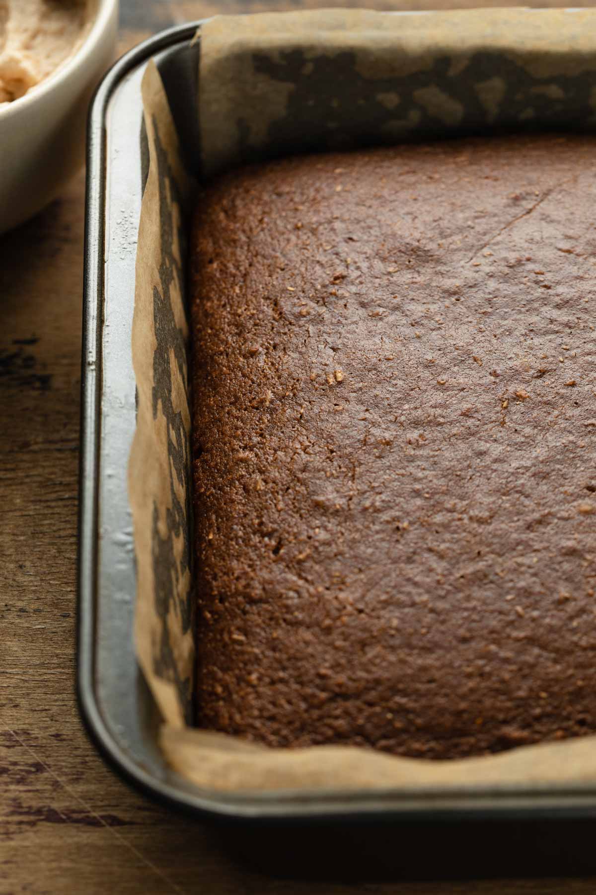 Baked cake cooling in the pan.