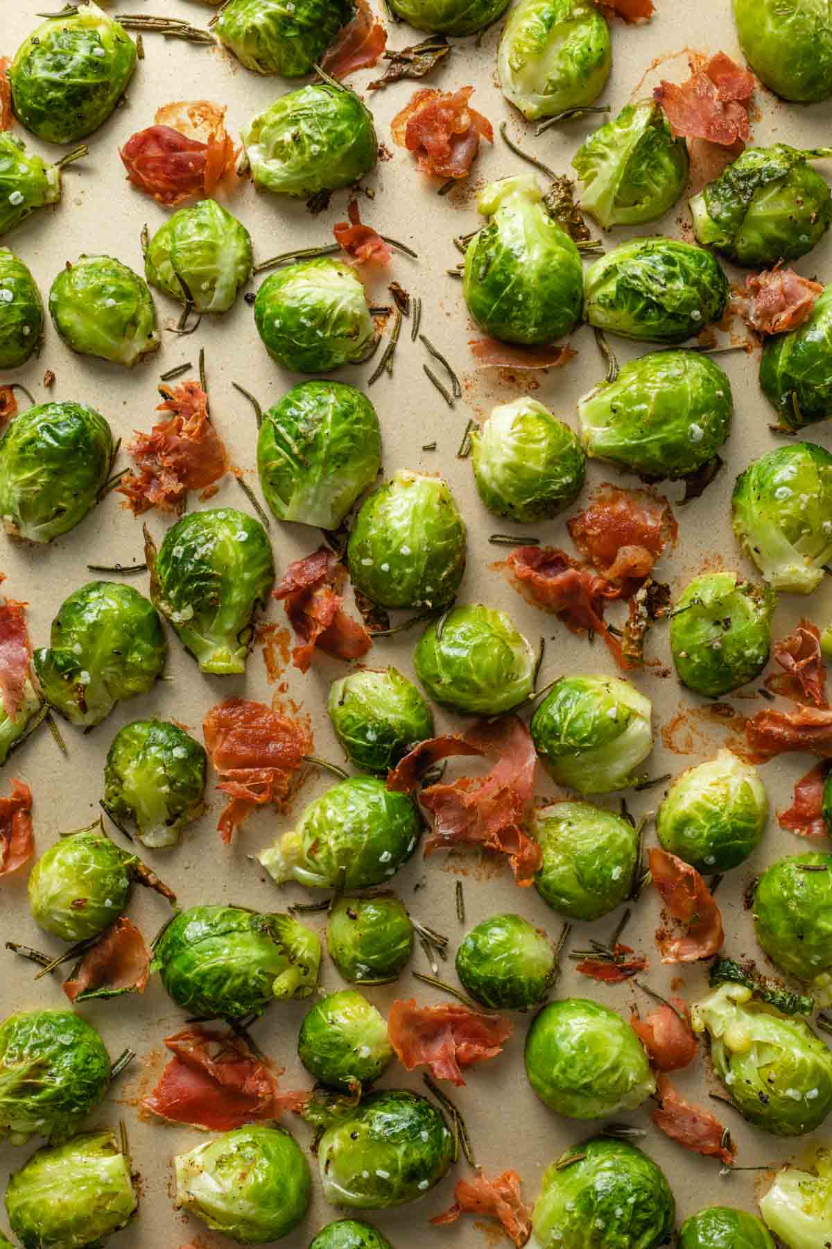 Close up of prosciutto and Brussels sprouts on a sheet pan.