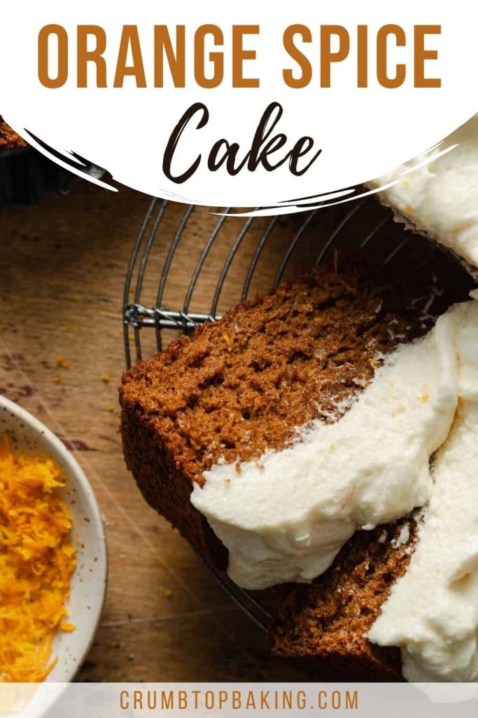 Pinterest image for orange spice cake with cream cheese frosting.