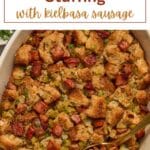 Pinterest image for whole wheat stuffing with sausage.