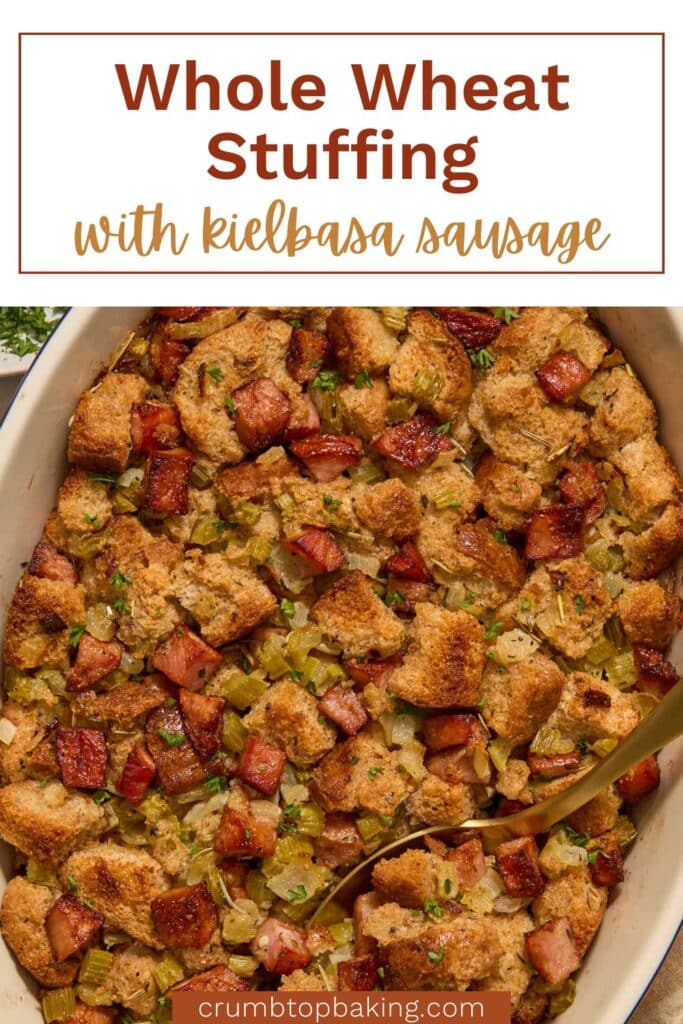 Pinterest image for whole wheat stuffing with sausage.