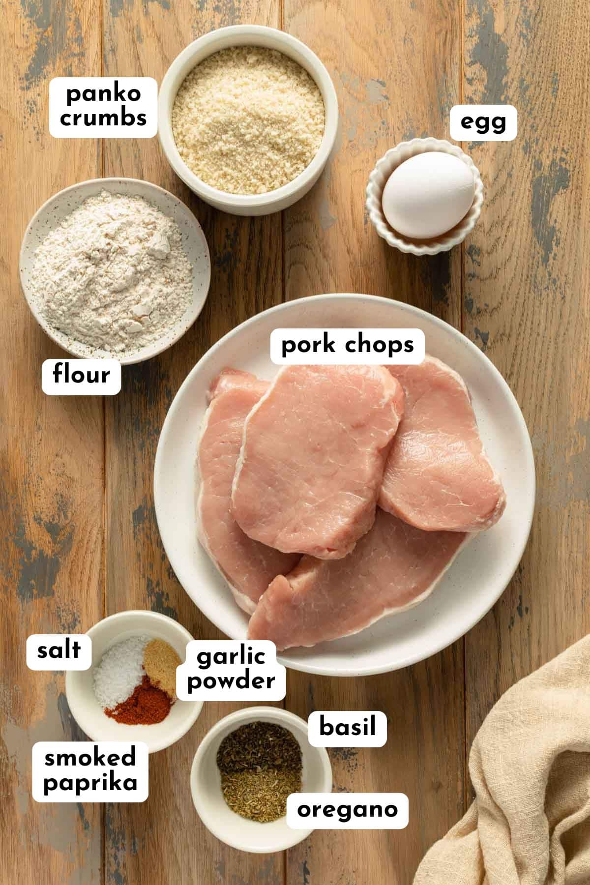 Ingredients to make pork schnitzel arranged individually and labeled.