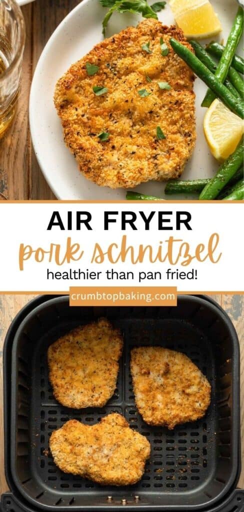 Pinterest image for air fryer pork schnitzel - long pin with 2 images.