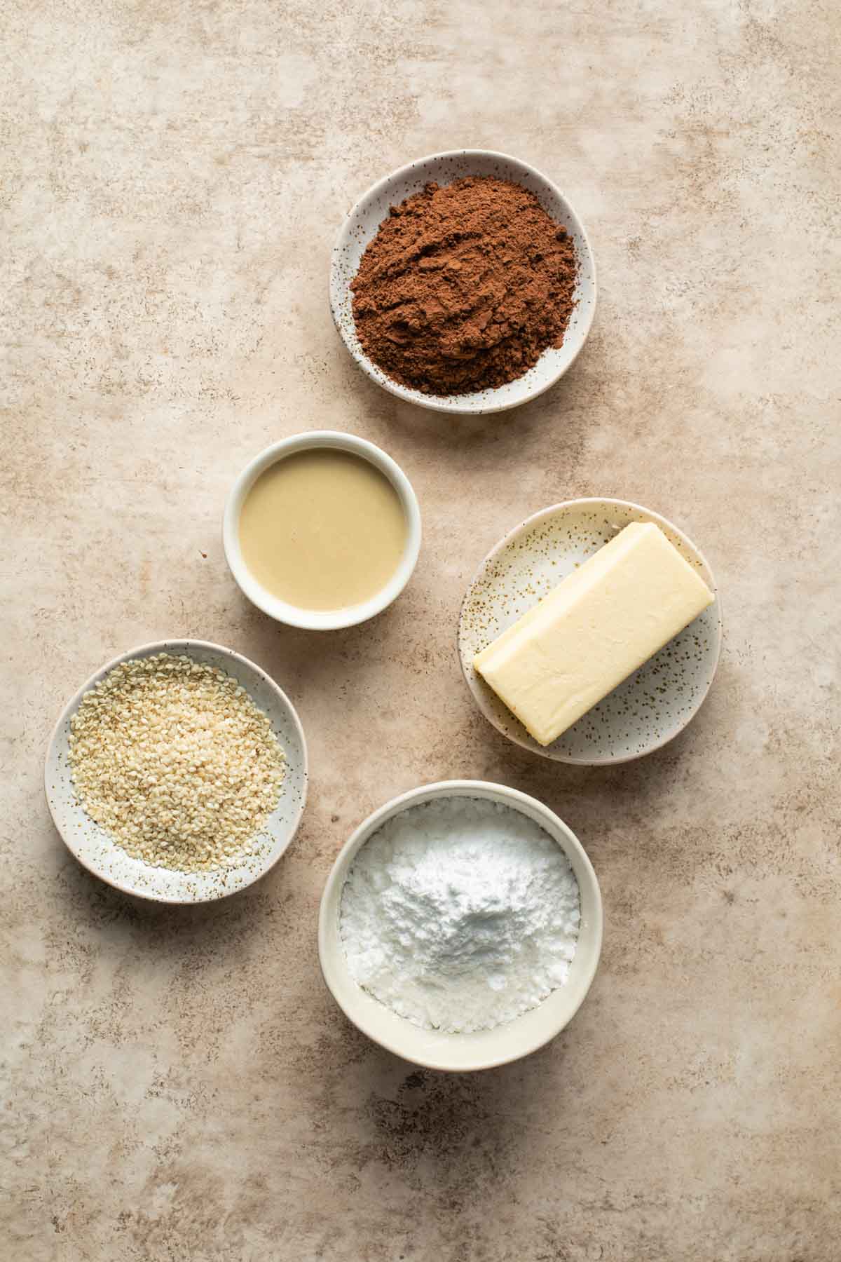 Ingredients for chocolate tahini frosting.