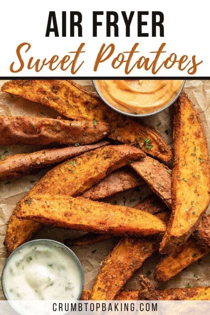Pinterest image for air fryer sweet potato wedges.