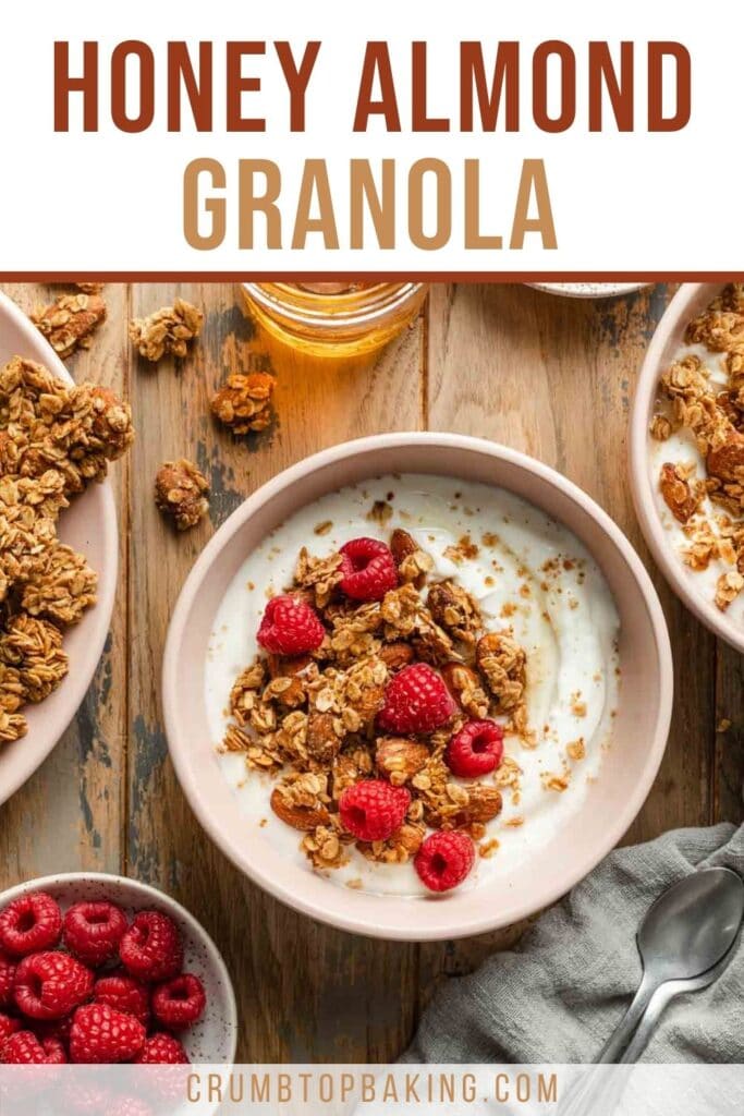 Pinterest image for honey almond granola.