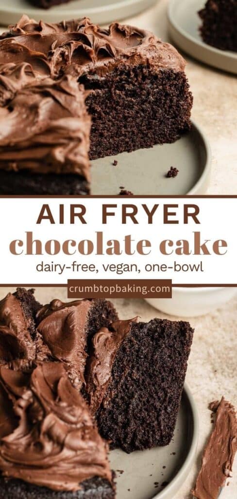 Pinterest image for air fryer cake - long pin with 2 images.