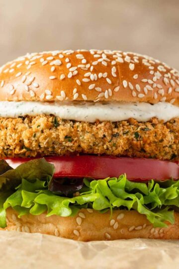Air fryer chicken patty on a burger bun with toppings.