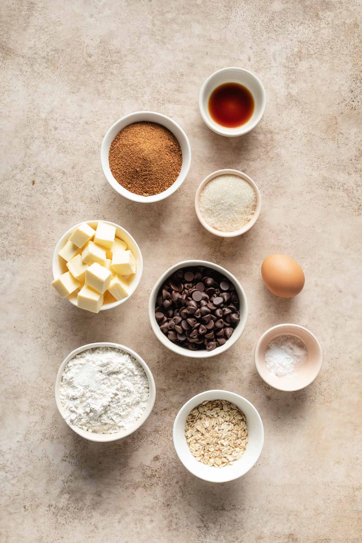 Ingredients to make air fryer chocolate chip cookies arranged individually.