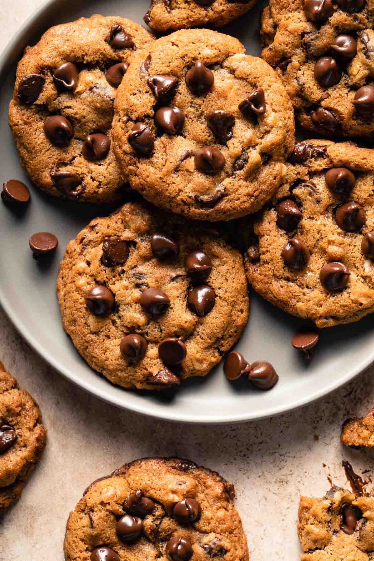 Close up view of chocolate chip cookies on a grey plate.