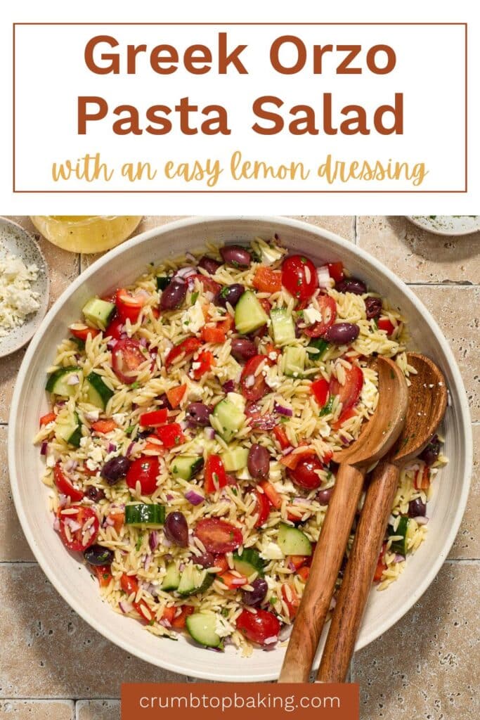 Pinterest image for Greek orzo pasta salad with lemon vinaigrette.
