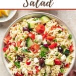 Pinterest image for Greek orzo salad.