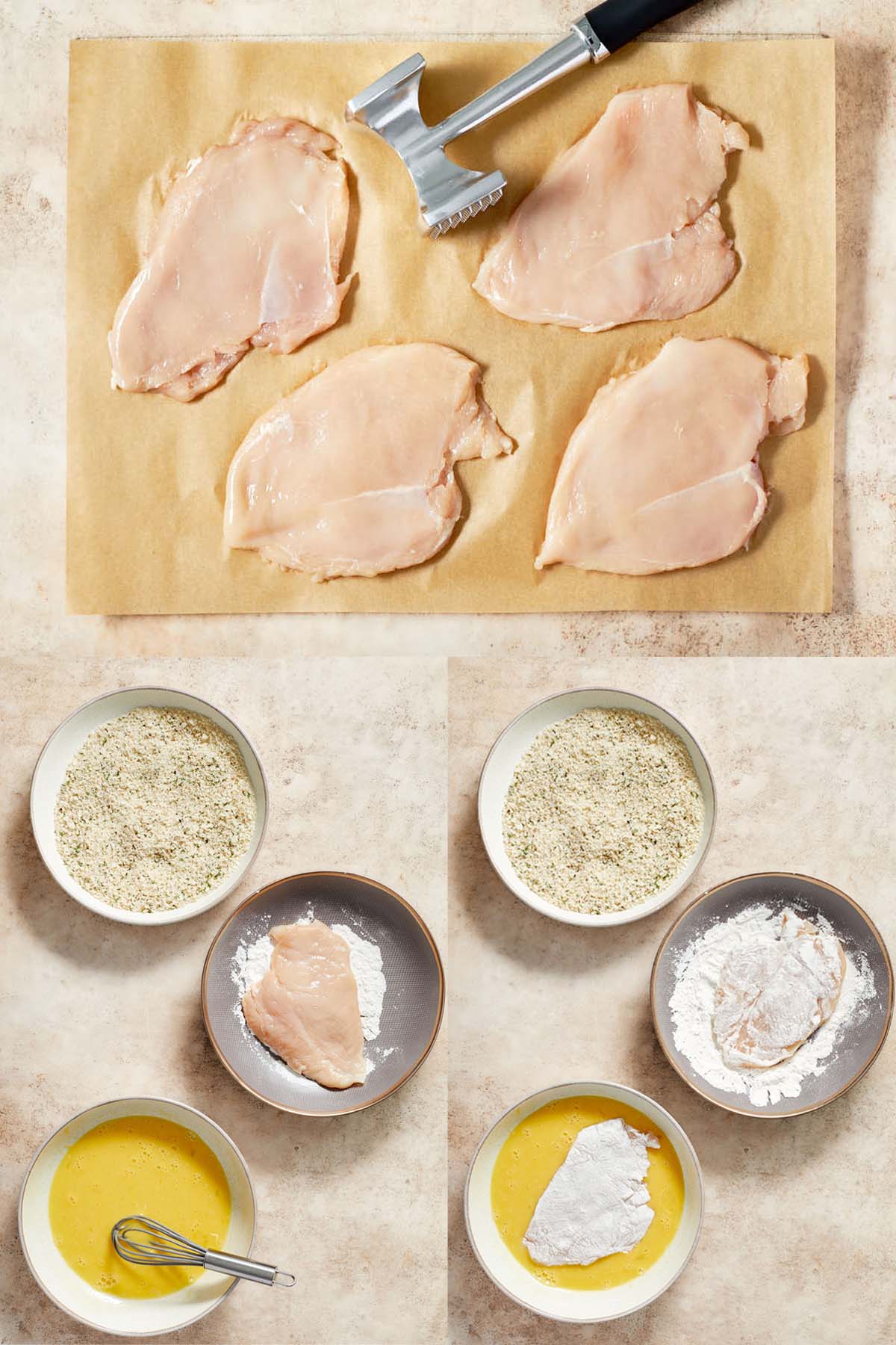 Collage of 3 images showing the process of the chicken breasts being flattened, then dredged in flour, then coated in egg mixture and bread crumbs.