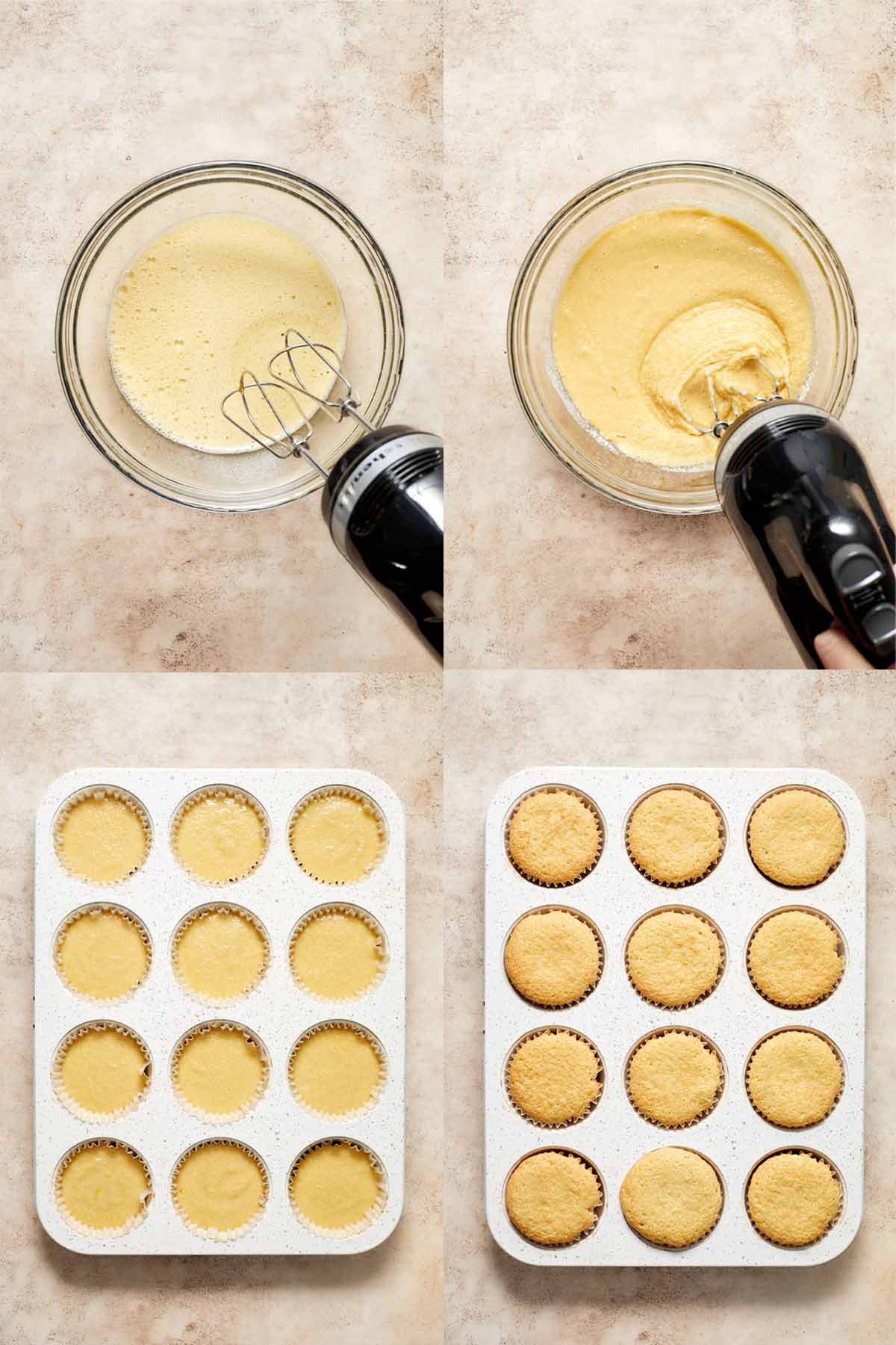 Collage of 4 photos showing how the eggs and sugar are beaten together, the mixed batter, the batter in the muffin pan and the baked cupcakes in the muffin pan.