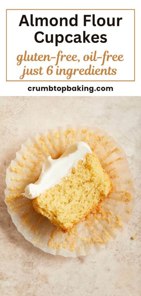Pinterest image of a vanilla almond flour cupcake with a bite removed.