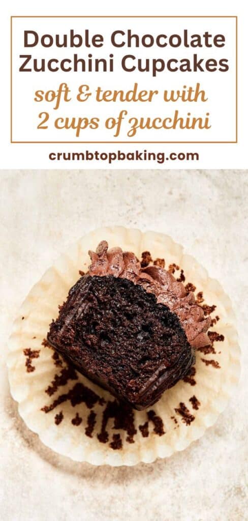 Pinterest image of a chocolate zucchini cupcake with a bite removed.