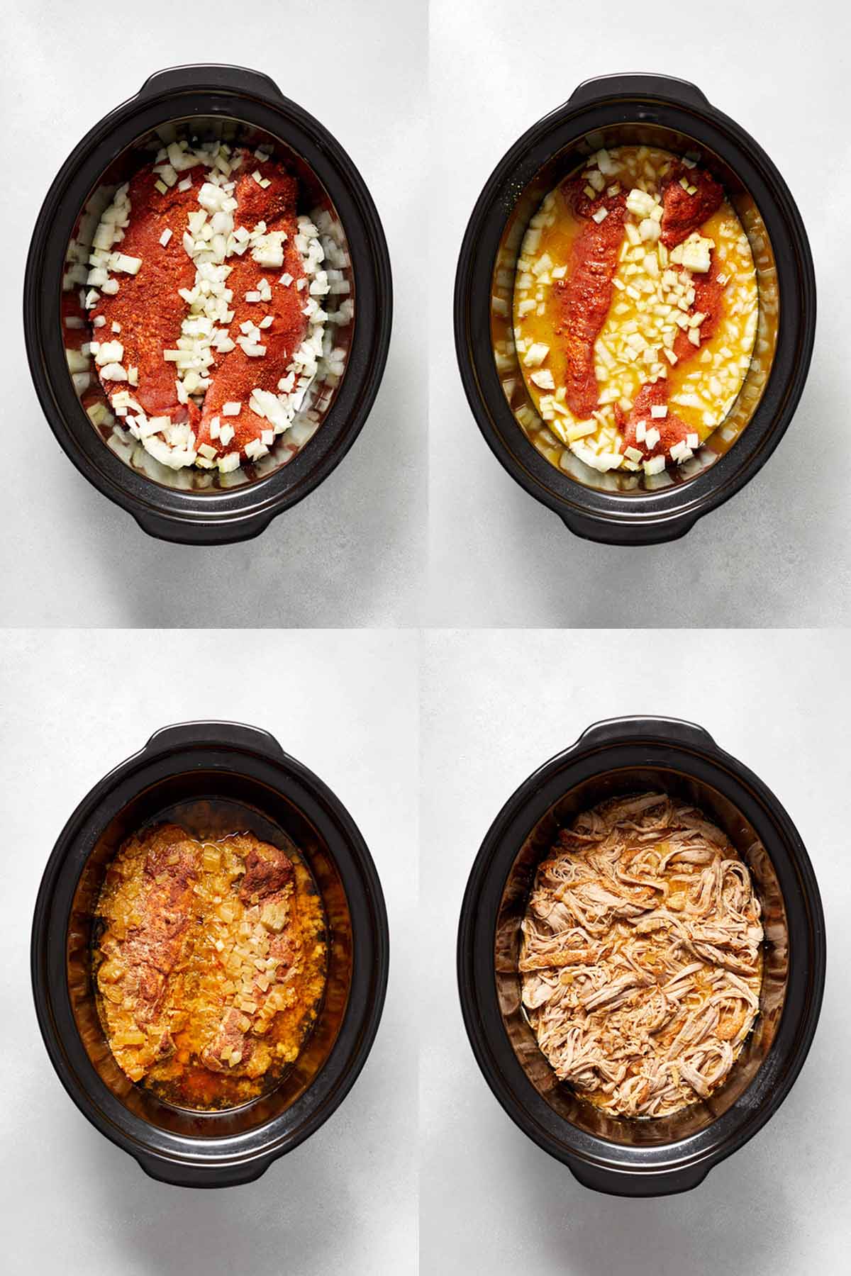 Collage of 4 images showing the steps to cooking the pork tenderloins in a crockpot.