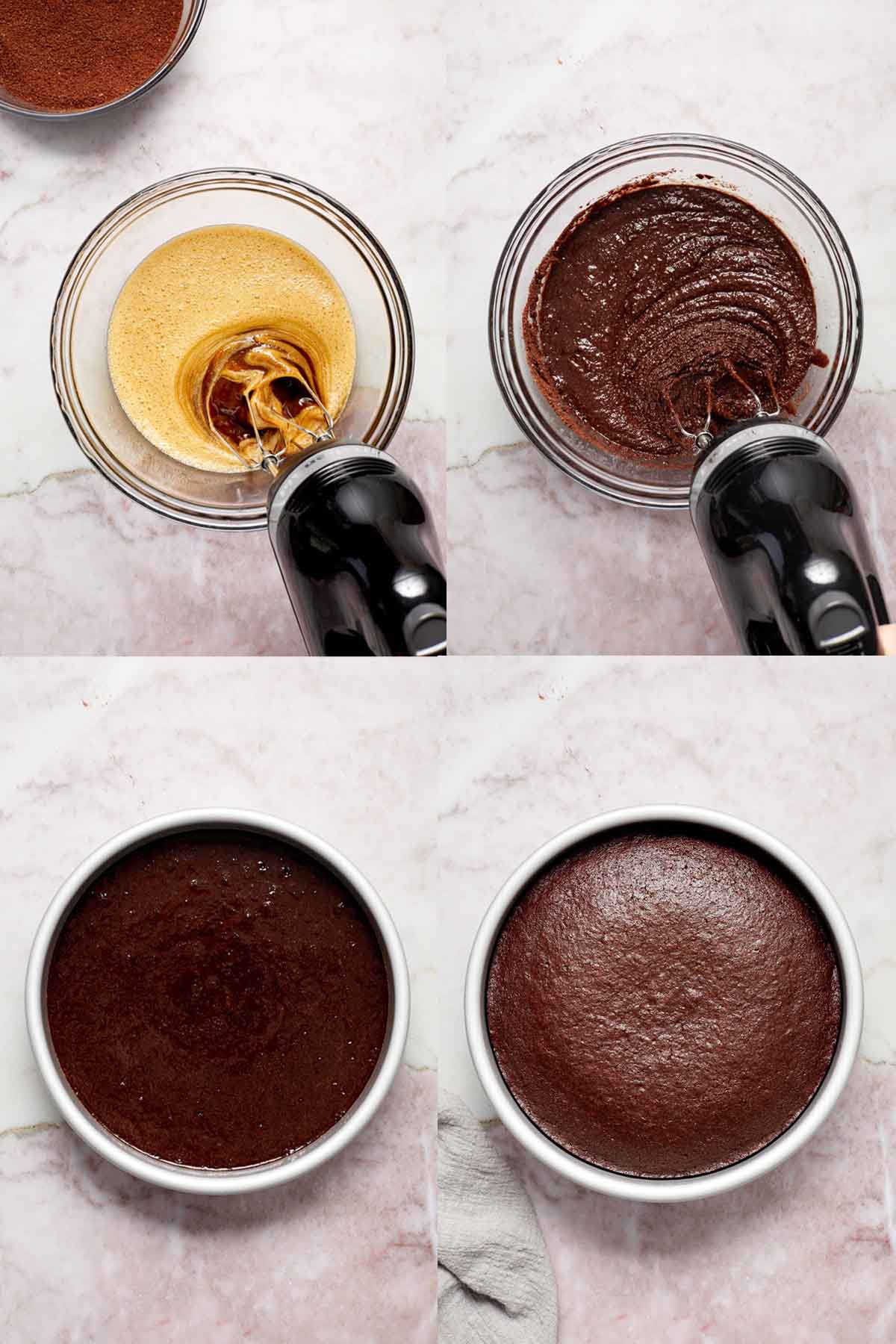 Collage of 4 images showing the process of the batter being mixed together and the cake baked in the pan.