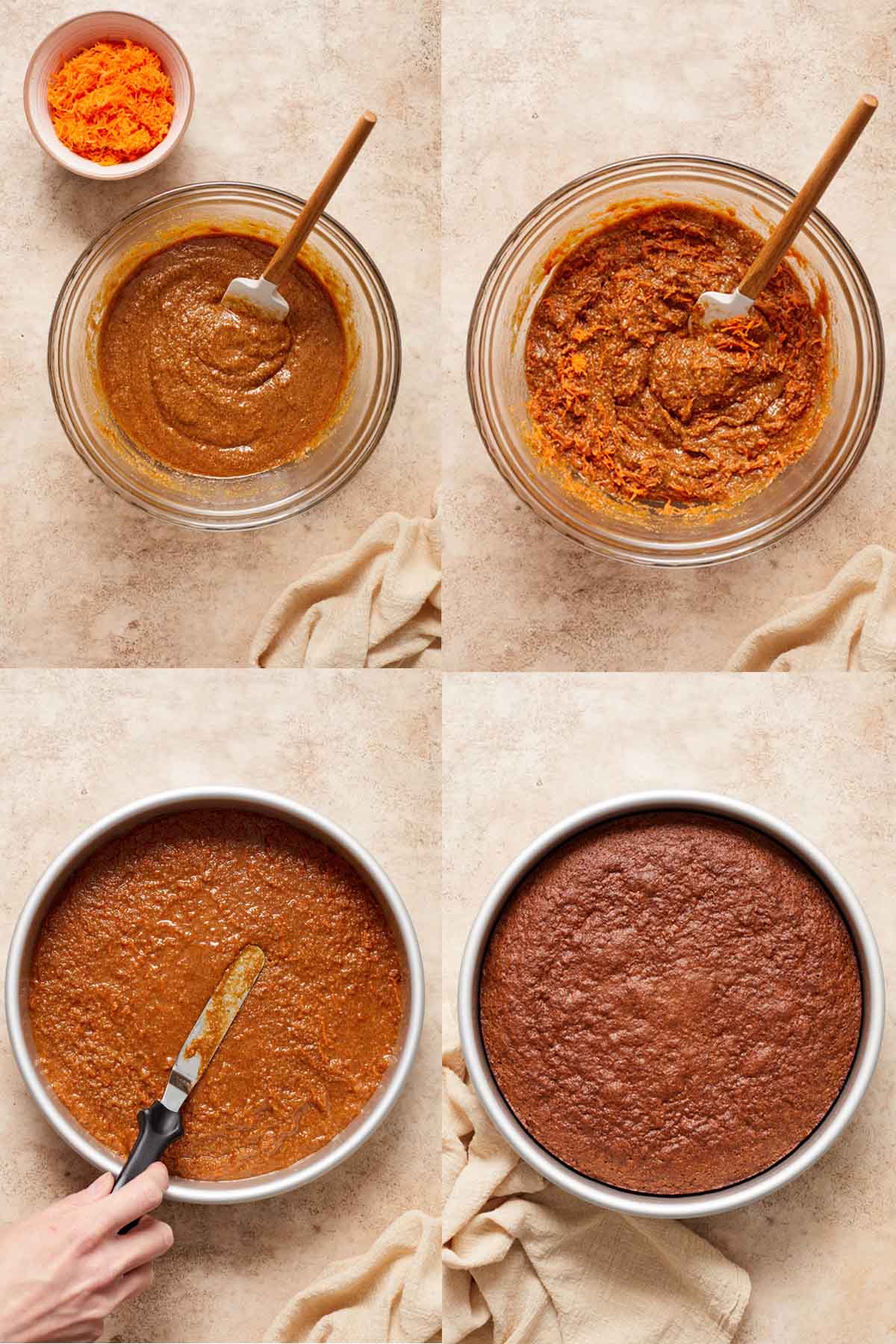 Collage of 4 images showing the process of making the carrot cake batter.