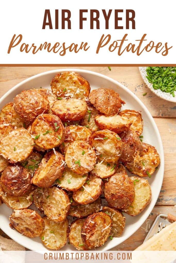 Pinterest image for air fryer parmesan potatoes.