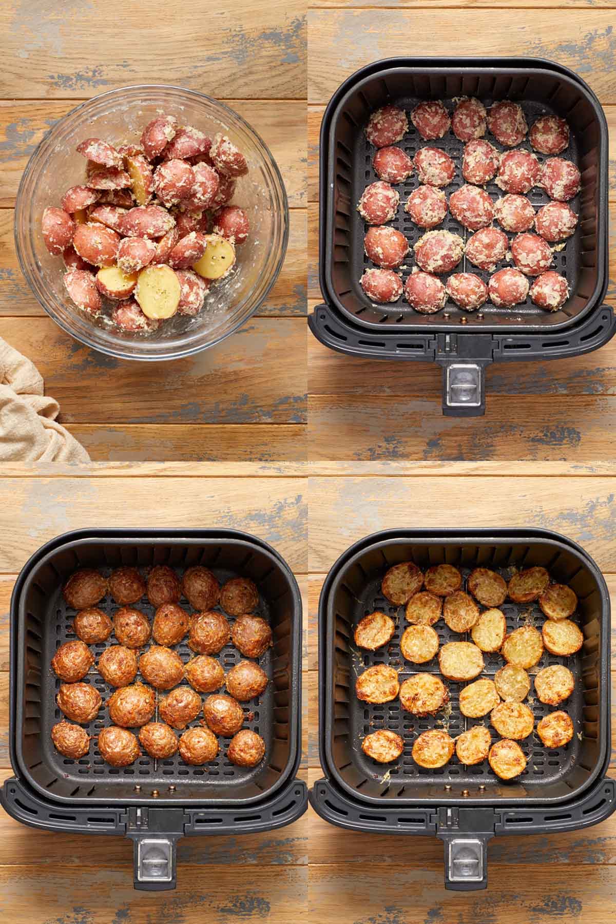 Collage of 4 images showing how to make parmesan potatoes in the air fryer.