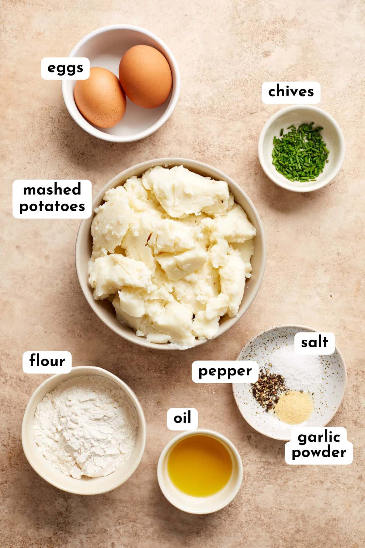 Ingredients to make potato cakes arranged individually and labeled.
