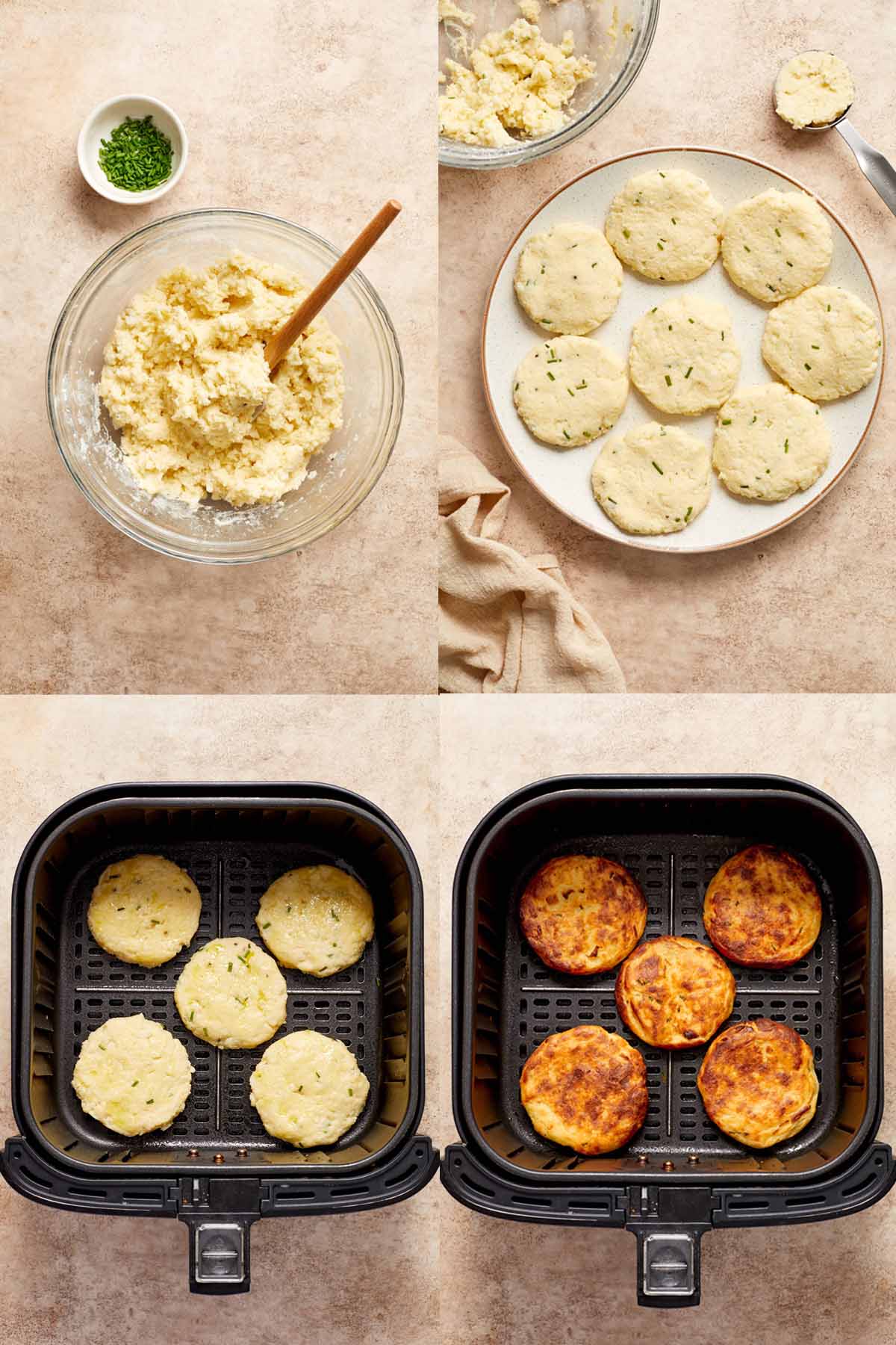 Collage of 4 images showing how to make potato cakes and air fry them.