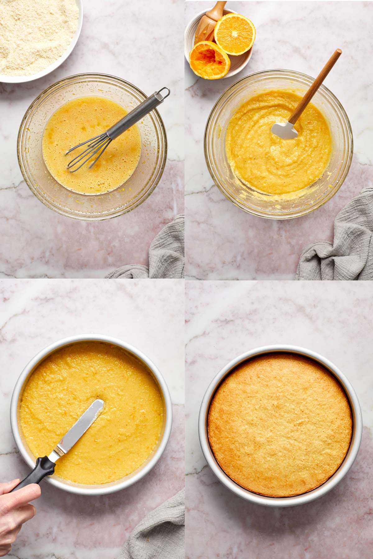 Collage of 4 images showing how the cake batter is made and baked in a round pan.