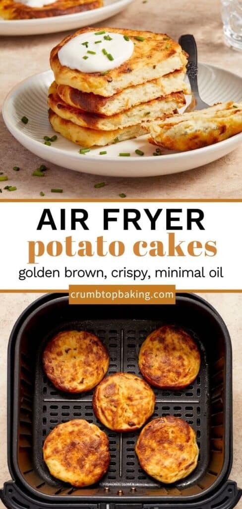Pinterest image for air fryer potato cakes - long pin with 2 images.