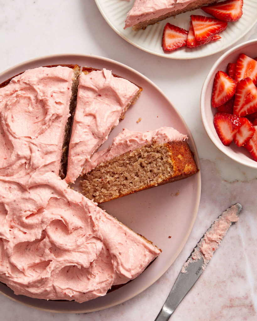 Almond Flour Strawberry Cake with Strawberry Frosting Crumb Top Baking