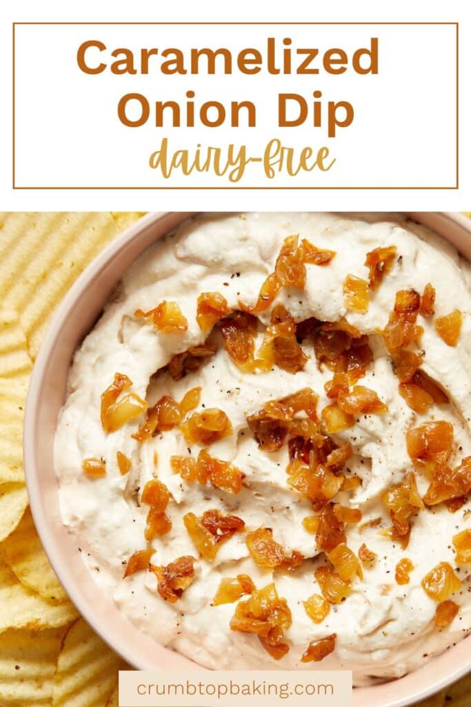 Pinterest image for caramelized onion dip (dairy-free).