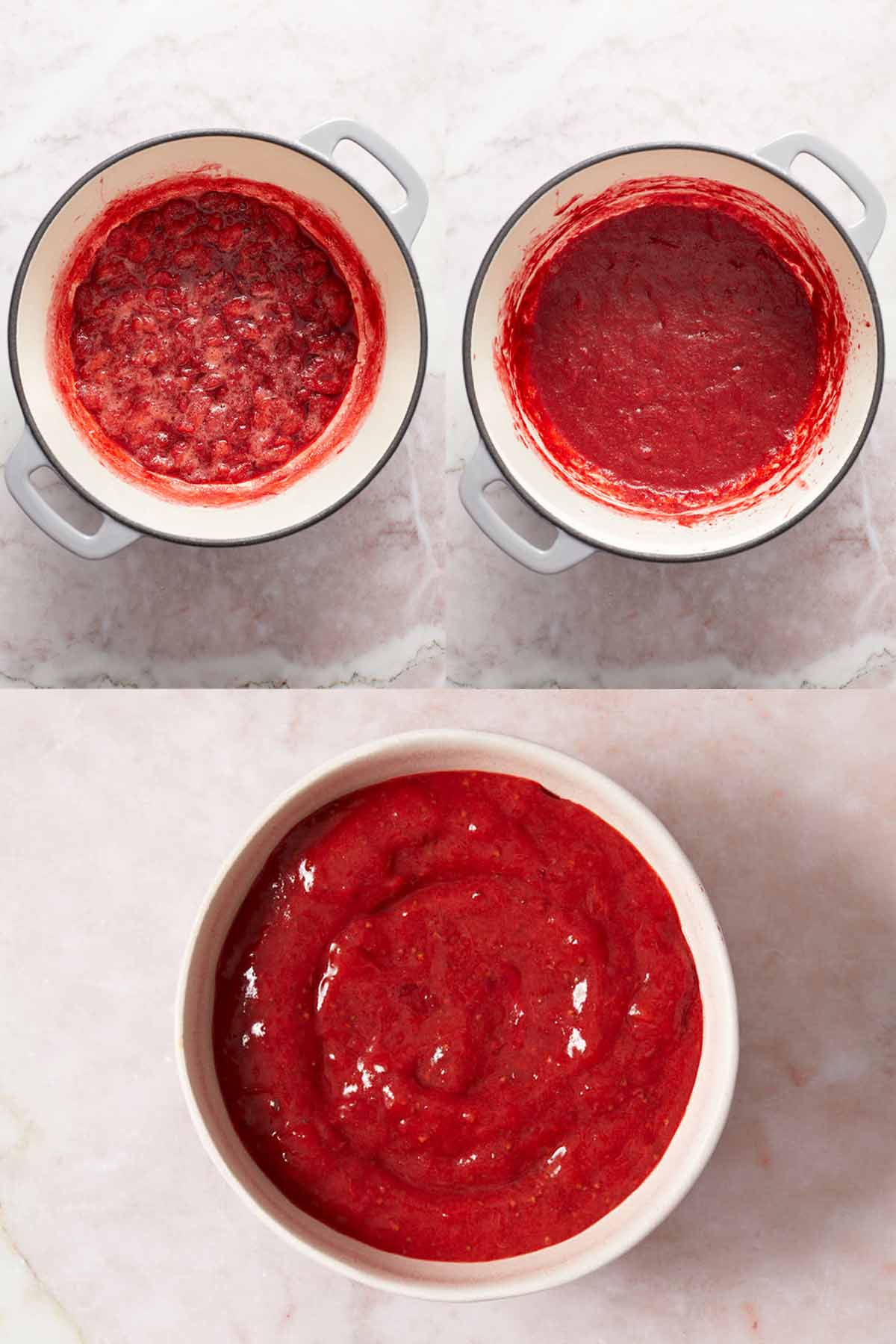 Collage of 3 images showing how the strawberry puree is made.